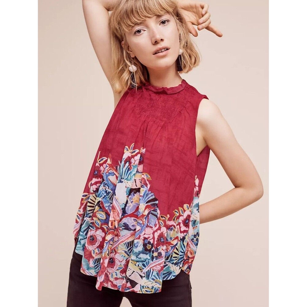 Deletta Domenica Swing Top Blouse Red Floral Smock Ruffle Neck Sleeveless M Med